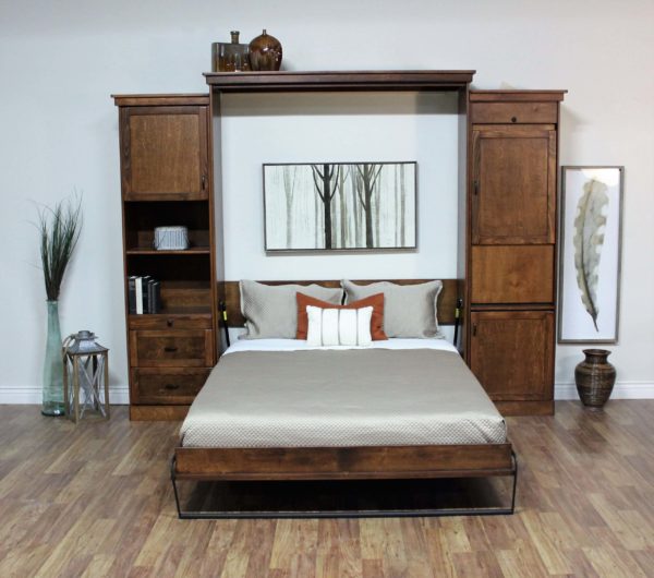 Keystone Wall Bed Open with Bedding and Side Tiers - Nevada Murphy Beds